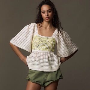 Anthropologie Sarah Hann Flutter Sleeve Crochet Cream Yellow Size Small Top
